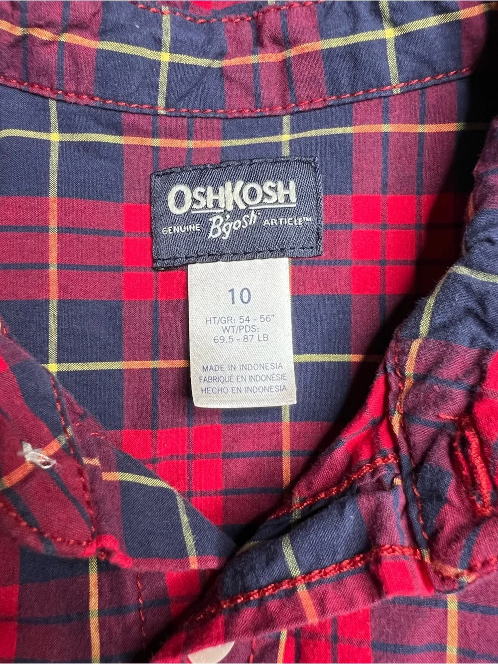 OshKosh B’gosh Plaid Button-Up Shirt Size 10 Red Navy
